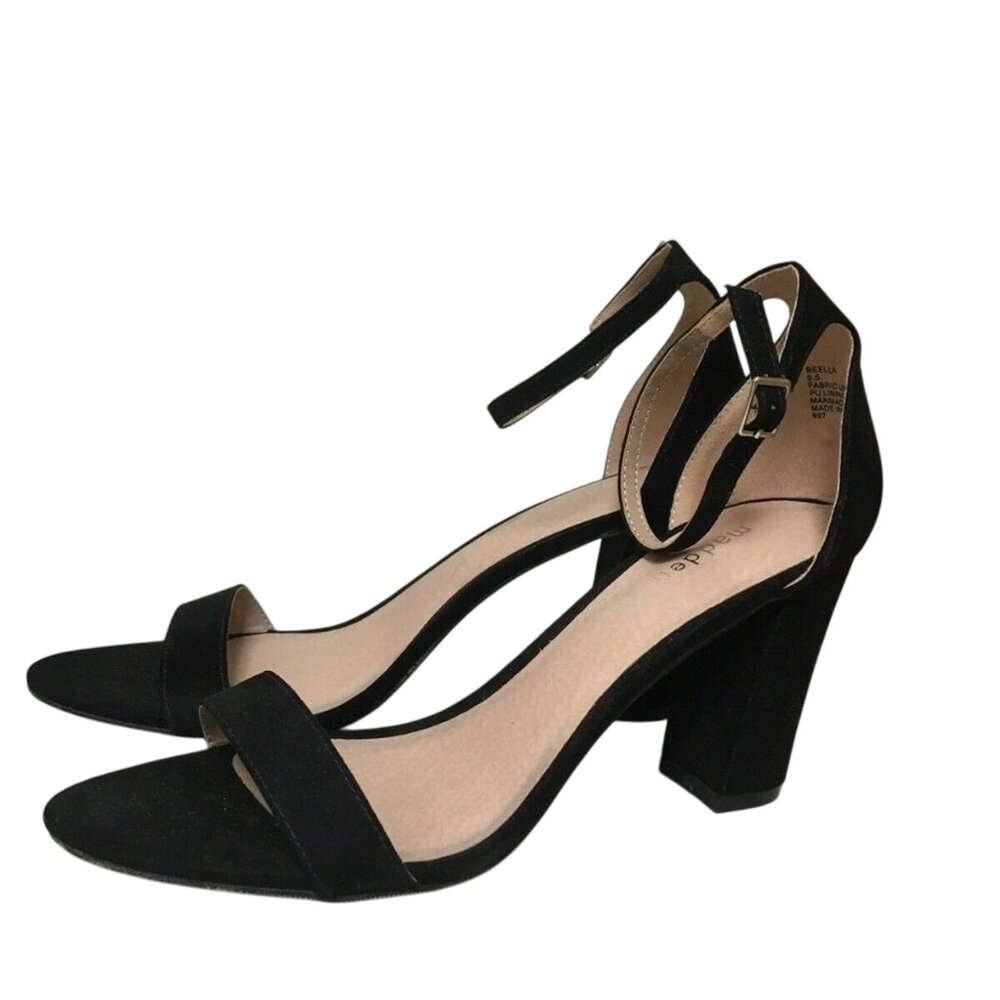 MADDEN GIRL BEELA BLACK FAUX SUEDE BLOCK HEEL SANDALS 9-EUC